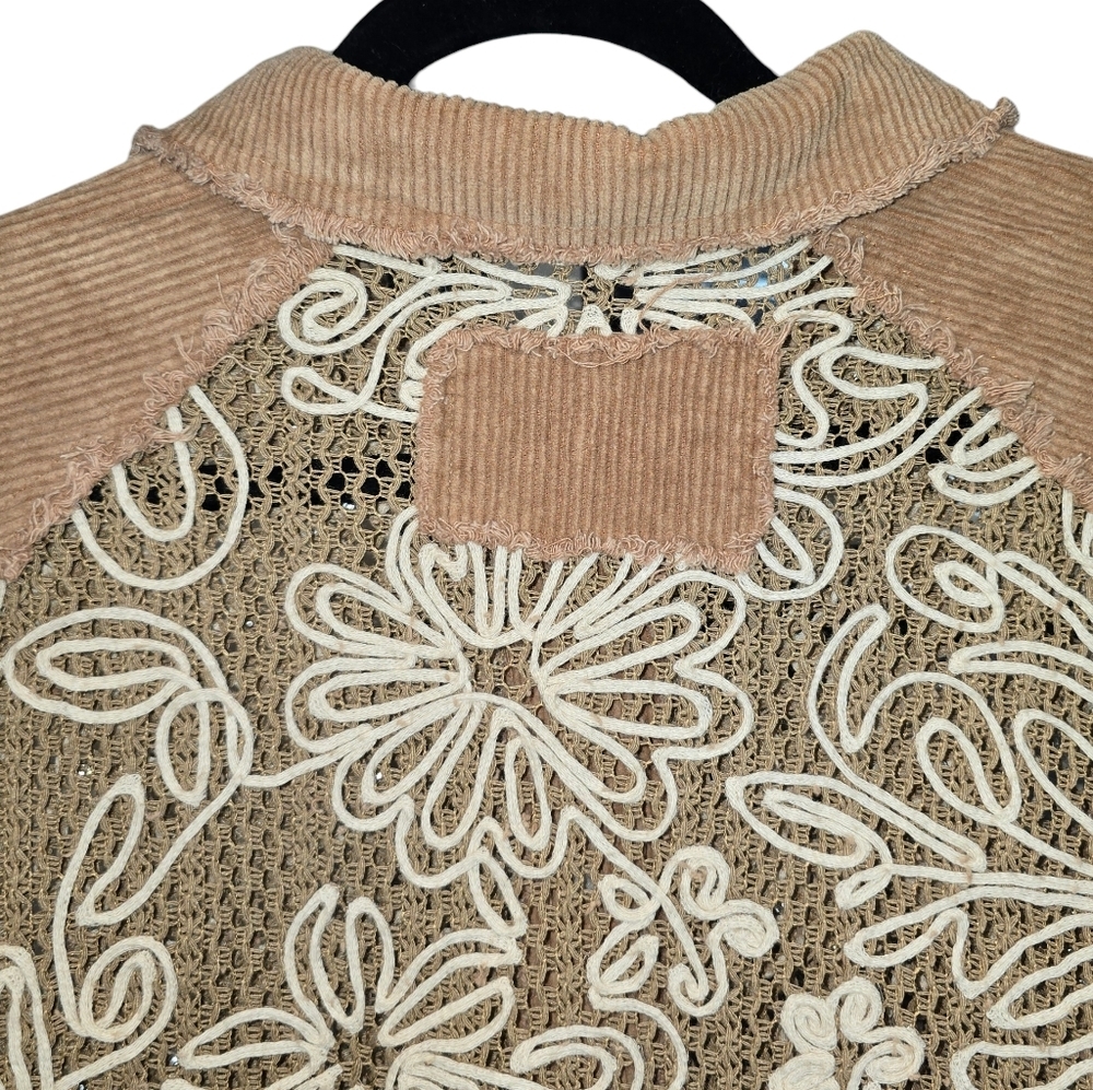 POL Tan Corduroy Button-Down Shirt with Cream Lace Detail - Picture 11 of 16